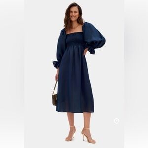 Sleeper Atlanta Linen Midi Dress in Navy - Large
